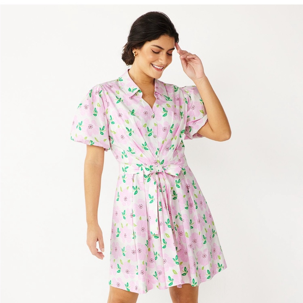 DRAPER JAMES RSVP Women’s Puff Sleeve Button Front Dress Pink White Floral Sz L